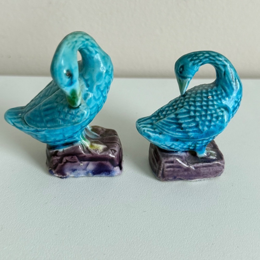 VTG Antique Turquoise Chinese Porcelain Blue Glazed Duck Goose figurines 3"